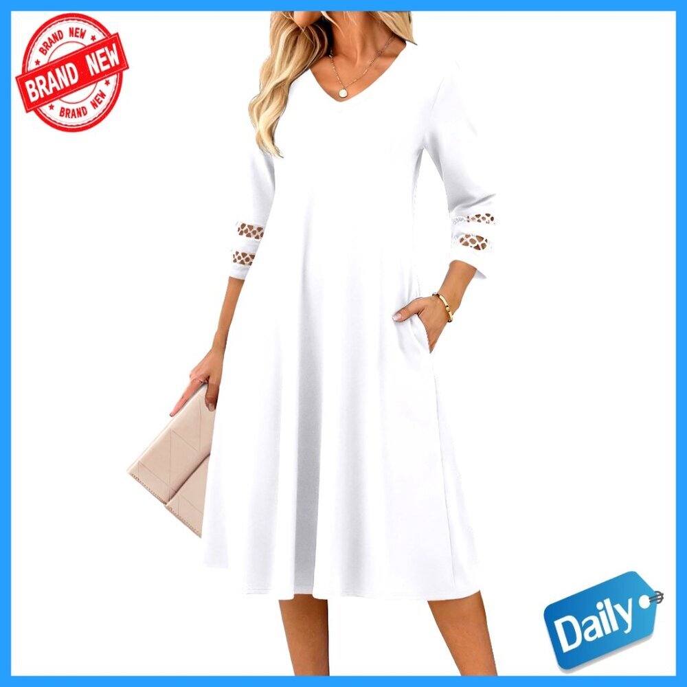 V-Neck Eyelet Midi Dress 3/4 Sleeve A-Line Flowy Summer Casual Elegant